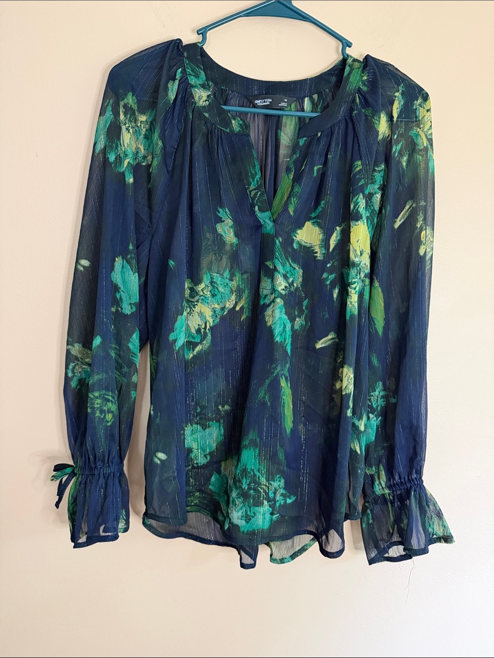 Simply Vera Vera Wang Navy Sheer Floral Blouse with Green Accents